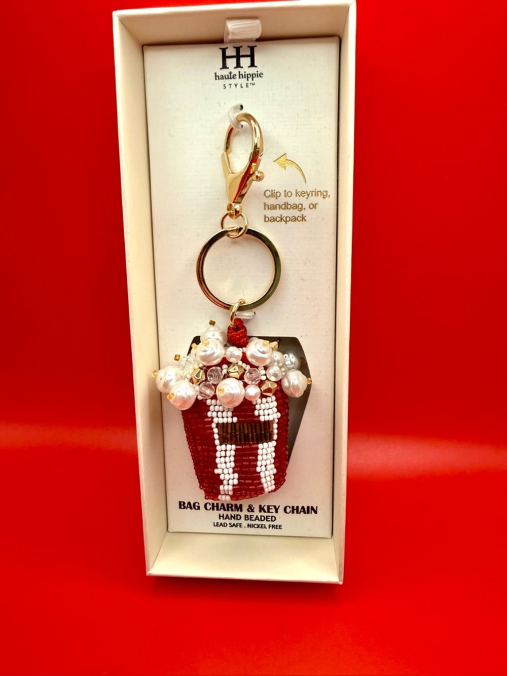 Haute Hippie Viral Popcorn Red Beaded Bag Charm with Pearl Accents